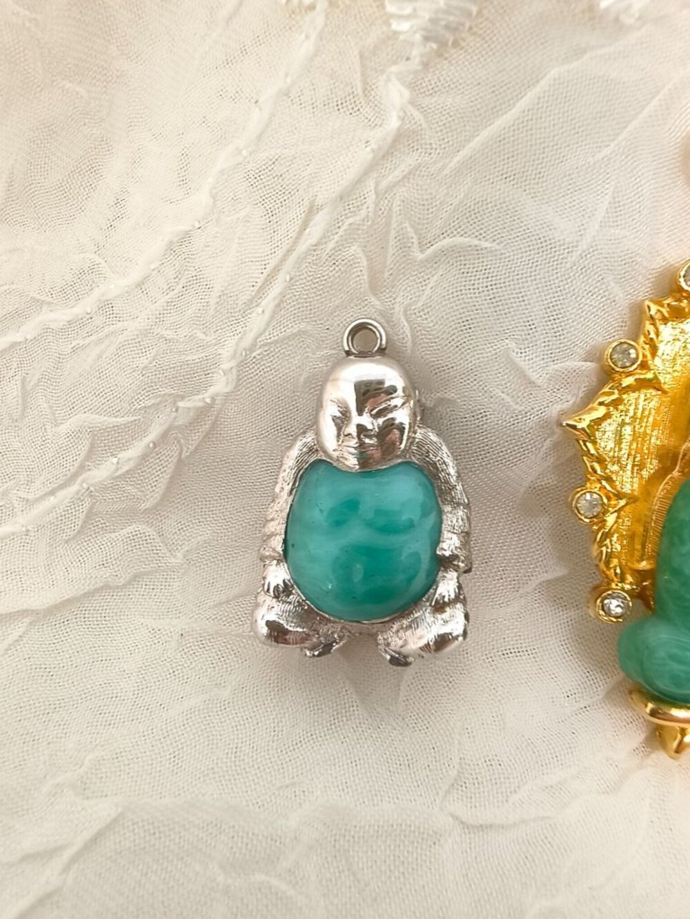 Vintage Asian Revival Faux Jade Glass Buddha Pendant & Monet Jelly Belly Buddha - Picture 6 of 9